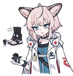 Rule 34 | 1girl, 1other, ahoge, ambiguous gender, animal ears, arknights, blue eyes, commentary, doctor (arknights), fox ears, fox girl, giant, giantess, gloves, grey hair, hmrsh, infection monitor (arknights), open mouth, sussurro (arknights), white background, white gloves