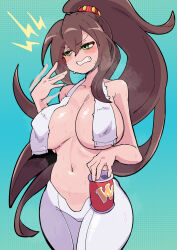 1girl absurdres blue_background blush breasts buzzlyears can commentary cowboy_shot english_commentary fanning_self green_eyes high_ponytail highres holding holding_can iris_(mega_man) large_breasts long_hair mega_man_(series) mega_man_x_(series) mega_man_x_dive navel pantyhose ponytail simple_background solo sweat topless_female towel very_long_hair white_pantyhose