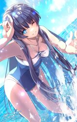 1girl black_hair blue_eyes blue_one-piece_swimsuit blue_sky breasts cloud dated eiyuu_densetsu elise_schwarzer hajimari_no_kiseki highres hime_cut looking_at_viewer medium_breasts ocean one-piece_swimsuit one_eye_closed outdoors sideburns signature sky smile solo swimsuit tinybiard twitter_username water