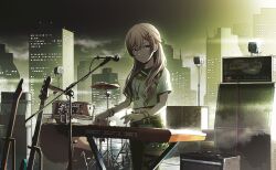 Rule 34 | 1girl, backlighting, blonde hair, blue shorts, bracelet, building, closed mouth, colorful palette, cymbals, don&#039;t lose faith! (project sekai), drum, drum set, game cg, green theme, grey hair, guitar, hair ornament, hairclip, highres, instrument, jewelry, keyboard (instrument), microphone, microphone stand, multicolored hair, muted color, necklace, official alternate costume, official alternate hairstyle, official art, orange eyes, project sekai, shirt, shorts, smile, solo, star (symbol), star necklace, streaked hair, tenma saki, third-party source, white shirt