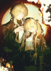 1boy 1girl absurdres antenna_hair black_jacket black_shorts blonde_hair blue_eyes cigarette cowboy_shot cropped_shirt english_text gejiandenghuo green_eyes hair_between_eyes happy_birthday heterochromia high-waist_shorts highres holding holding_cigarette jacket long_hair long_sidelocks looking_at_viewer midriff original parted_lips shirt shorts sidelocks smoke smoke_trail teeth twintails white_shirt