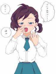 1girl blue_eyes blush breasts brown_hair collared_shirt covering_own_mouth gegege_no_kitarou gegege_no_kitarou_6 highres inuyama_mana long_sleeves necktie open_mouth ponytail puffy_long_sleeves puffy_sleeves school_uniform shirt skirt sneezing speech_bubble sweatdrop thought_bubble white_shirt