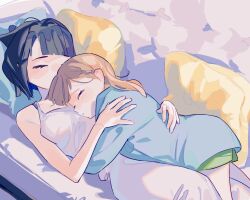 2girls bare_arms black_hair blue_hoodie brown_hair closed_eyes commentary_request couch cushion dress green_shorts highres hood hoodie hug link!_like!_love_live! love_live! lying_on_person momose_ginko motoori_kosuzu multiple_girls on_couch pipi_(m1x_mix) shorts sleeping sleeping_on_person white_dress yuri