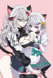 2girls admi_(nikke) alternate_costume animal_ears apron artist_name bandeau black_collar black_dress black_thighhighs bow breasts cat_ears cat_tail chocolate chocolate_on_body chocolate_on_breasts cleavage closed_mouth collar cowboy_shot dress english_text enmaided food_on_body frilled_apron frilled_dress frills frown glove_bow gloves goddess_of_victory:_nikke green_bow green_hair grey_hair grid_background hair_between_eyes hair_bow hair_ornament heart highres large_breasts long_hair long_sleeves looking_at_viewer maid maid_apron maid_headdress medium_hair multicolored_hair multiple_girls mumu_(0z_ixi) nail_polish pink_background pink_eyes pink_nails puffy_short_sleeves puffy_sleeves red_bow short_sleeves shrug_(clothing) signature standing streaked_hair striped_bow tail thighhighs v-shaped_eyebrows white_apron white_gloves wrist_cuffs yellow_bow yellow_eyes yulha_(nikke)
