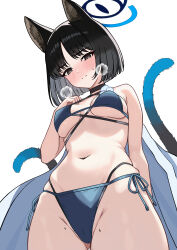 absurdres animal_ears bikini black_eyes black_tail blue_archive blue_bikini blue_halo blue_tail cat_ears cat_girl cat_tail colored_inner_animal_ears criss-cross_halter criss-cross_straps gradient_tail halo halterneck highres kikyou_(blue_archive) kikyou_(swimsuit)_(blue_archive) layered_bikini multi-strapped_bikini_bottom multiple_tails official_alternate_costume pikumin64 swimsuit tail two_tails