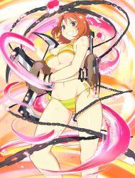 Rule 34 | 1girl, bikini, blush, body blush, breasts, brown eyes, chain, cleavage, crossed arms, dual wielding, energy, fuma (senran kagura), fuuma shuriken, gluteal fold, green bikini, grin, groin, hair between eyes, hair ribbon, holding, holding shuriken, holding weapon, large breasts, linea alba, looking at viewer, micro bikini, multicolored bikini, navel, non-web source, official art, orange bikini, orange hair, rainbow bikini, red bikini, ribbon, senran kagura, senran kagura new wave, shiny skin, short hair, shuriken, side-tie bikini bottom, smile, solo, splatter, standing, striped bikini, striped clothes, swimsuit, teeth, topknot, underboob, weapon, white bikini, white ribbon, yaegashi nan, yellow bikini