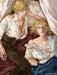 Rule 34 | 2boys, absurdres, axis powers hetalia, bear270901, bite mark, blonde hair, blood, blood on face, bound, bound wrists, branded, closed eyes, earrings, facial hair, france (hetalia), goatee stubble, green eyes, highres, jewelry, long hair, lying, male focus, medium hair, multiple boys, necklace, on back, on bed, open mouth, pants, restrained, ring, shirt, stubble, thick eyebrows, united kingdom (hetalia), white shirt, yaoi