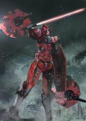 arm_up bit_(gundam) embers energy_sword full_body glowing glowing_eyes gundam gundam_gquuuuuux holding holding_shield holding_sword holding_weapon mecha mecha_focus miso_katsu mobile_suit no_humans purple_eyes red_gundam robot science_fiction shield standing sword v-fin weapon