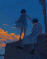 2girls amo_(amo_0514) arm_support black_hair black_shoes blue_sky bob_cut brown_sandals chinese_commentary cloud commentary_request dress dusk fishbowl_helmet flip-flops full_body highres jersey_barrier loafers long_dress multiple_girls original outdoors outstretched_arms power_lines puffy_short_sleeves puffy_sleeves sandals see-through_clothes see-through_dress_layer shoes short_hair short_sleeves sitting sky sleeveless sleeveless_dress socks spread_arms standing turning_head utility_pole white_dress white_socks