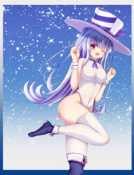 aneten boots breasts emil_chronicle_online hat kamishibaiya_iris large_breasts leotard long_hair red_eyes standing standing_on_one_leg thighhighs thighs white_hair white_hat white_thighhighs