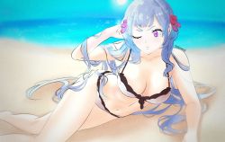 1girl absurdres artist_name bare_arms bare_legs bare_shoulders barefoot beach beachside bikini black_clover blue_hair blue_sky breasts cleavage closed_mouth closed_smile collarbone day feet female_focus hair_ribbon highres lying light_blue_hair long_hair looking_at_viewer lying medium_breasts navel noelle_silva ocean on_side one_eye_closed one_eye_closed outdoors pale_skin purple_eyes ribbon sand signature sky smile solo ssssugoi sun swimsuit thighs bikini water wink