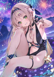 1girl aerial_fireworks afloat atelier_(series) atelier_resleriana bikini black_one-piece_swimsuit blonde_hair blue_innertube blush braid breasts brown_hair cleavage collarbone donut_innertube fireworks floral_print_bikini green_eyes hair_between_eyes hairband half_up_braid highres innertube jewelry klaudia_valentz klaudia_valentz_(moonlit_beach) large_breasts long_hair looking_at_viewer multicolored_hair navel night night_sky official_alternate_costume on_innertube one-piece_swimsuit open_mouth outdoors ribbon shirokitsune sitting sky smile solo swim_ring swimsuit thigh_strap two-tone_hair water wet