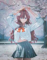1girl :3 absurdres arms_up blush bow bowtie brown_hair commentary_request cowboy_shot falling_petals grey_skirt hair_intakes highres ichinose_shiki idolmaster idolmaster_cinderella_girls long_hair looking_at_viewer midriff navel orange_bow orange_bowtie outdoors petals pleated_skirt qingli_ye school_uniform shirt skirt smile solo thighs twitter_username very_long_hair white_shirt
