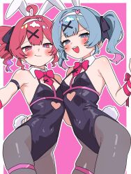 Rule 34 | 2girls, :d, ahoge, animal ear hairband, animal ears, black leotard, black pantyhose, blue eyes, blue hair, blue pupils, blush, border, bow, bowtie, closed mouth, clothing cutout, commentary, cowboy shot, detached collar, drill hair, fake animal ears, fake tail, hair between eyes, hair ornament, hairband, haru maron, hatsune miku, heart cutout, highleg, highleg leotard, highres, kasane teto, leotard, long hair, looking at viewer, multiple girls, open mouth, outline, outside border, pantyhose, pink background, playboy bunny, rabbit ear hairband, rabbit ears, rabbit hole (vocaloid), rabbit tail, red bow, red bowtie, red eyes, red hair, red pupils, short hair, short twintails, sidelocks, simple background, smile, strapless, strapless leotard, tail, teardrop facial mark, thigh strap, twin drills, twintails, utau, vocaloid, white border, white hairband, white outline, x hair ornament