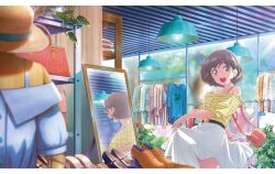1girl artbook bag belt blue_eyes bracelet clothes_hanger grey_hair handbag highres indoors jewelry looking_at_viewer love_live! love_live!_superstar!! mirror non-web_source open_mouth plant reflection shirt shoes shop skirt skirt_hold smile solo tang_keke unworn_shoes white_skirt yellow_shirt