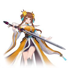 1girl bare_shoulders black_sash boots breasts brown_eyes brown_hair chinese_clothes closed_mouth detached_sleeves dress feet_out_of_frame flower hair_flower hair_ornament hair_rings hanfu holding holding_sword holding_weapon knee_boots long_hair long_sleeves looking_at_viewer official_art qiuyu reverse_grip sash simple_background skirt solo starward sword tassel tassel_hair_ornament transparent_background twintails weapon white_background white_sleeves wide_sleeves yellow_flower