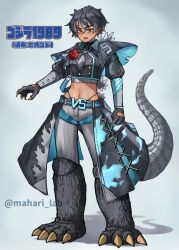 Rule 34 | 1989, 1girl, absurdres, artist name, biker gloves, black hair, claws, commentary, cosplay, dinosaur girl, fingerless gloves, flower, flower on chest, g-string, genderswap, genderswap (mtf), gloves, godzilla, godzilla (cosplay), godzilla (series), godzilla vs. biollante, grey hair, highres, humanization, jacket, kaiju, long tail, mahari lab, midriff, mole, mole under eye, monster, monster girl, multicolored eyes, multicolored hair, navel, open mouth, orange eyes, pants, personification, pointy ears, rose, shadow, short hair, simple background, spikes, spines, tail, teeth, thong, toho, translation request, two-tone eyes, two-tone hair, variant set, whale tail (clothing), white background