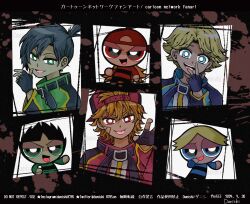 3boys artist_name backwards_hat bandaid bandaid_on_face black_hair blonde_hair blue_eyes boomer_(ppg) brick_(ppg) butch_(ppg) child danishi fingerless_gloves gloves green_eyes hat highres looking_at_viewer male_focus multiple_boys open_mouth orange_hair powerpuff_girls powerpuff_girls_z red_eyes rowdyruff_boys smile teeth tongue tongue_out upper_teeth_only