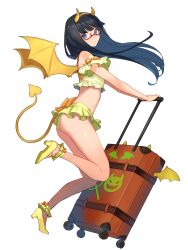 Rule 34 | 1girl, ass, black hair, blue eyes, breasts, dairoku ryouhei, demon tail, fake horns, fuguruma ayaka, full body, highres, horns, kishiba yuusuke, long hair, red-framed eyewear, rolling suitcase, small breasts, solo, standing, suitcase, tail, transparent background, yellow wings