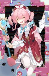 1girl :d absurdres aoto_rei blue_hair closed_eyes commentary_request crown dot_nose dress error_message fourth_wall gradient_hair hat highres honkai:_star_rail honkai_(series) hyacine_(honkai:_star_rail) layered_dress little_ica_(honkai:_star_rail) long_hair long_sleeves looking_at_viewer mini_crown multicolored_hair open_mouth pantyhose pink_hair red_dress red_hat shaded_face smile twintails white_pantyhose