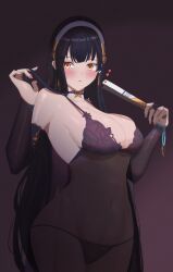 1girl absurdres babydoll black_babydoll black_bridal_gauntlets black_hair black_panties blue_choker blush breasts bridal_gauntlets chinese_commentary choker cleavage commentary_request cowboy_shot daiyan_(girls&#039;_frontline_2) folding_fan girls&#039;_frontline girls&#039;_frontline_2:_exilium hairband hand_fan highres holding holding_fan large_breasts long_hair looking_at_viewer navel orange_eyes panties parted_lips recycle simple_background solo string_panties type_95_(girls&#039;_frontline) underwear white_hairband