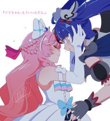 Rule 34 | 2girls, absurdres, ahoge, arm bow, ascot, bare shoulders, black sleeves, blue bow, blue cape, blue hair, blunt bangs, bow, bracelet, braid, cape, center frills, closed mouth, collared shirt, commentary request, cowboy shot, crying, crying with eyes open, cure prism, cure sky, cure sky (dark), dark persona, detached sleeves, dress, dress bow, elbow gloves, fingerless gloves, fingernails, frilled sleeves, frills, from side, gloves, gradient hair, grey gloves, grey sleeves, hair bobbles, hair bow, hair ornament, hair ribbon, hands on another&#039;s head, heads together, heart, heart-shaped hair, heart ahoge, highres, hirogaru sky! precure, jewelry, light blush, long hair, multicolored hair, multiple braids, multiple girls, nijigaoka mashiro, nunununoyuyuyu, orange hair, parted lips, pink eyes, pink hair, pink ribbon, plaid bow, pleated dress, pointy nose, precure, puffy short sleeves, puffy sleeves, red bow, red hair, ribbon, sad, sad smile, shirt, short sleeves, shoulder spikes, side braids, side cape, signature, simple background, single bare shoulder, single shoulder pad, sleeveless, sleeveless dress, sleeveless shirt, sora harewataru, spikes, streaked hair, teardrop, tears, translation request, twin braids, two-tone hair, two-tone sleeves, upper body, very long hair, wavy hair, white ascot, white background, white bow, white dress, white gloves, white shirt, wide-eyed, wing hair ornament, yuri