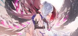 2girls blue_hair blush braid closed_eyes crying elbow_gloves fate/grand_order fate_(series) floating_hair game_cg gloves hair_between_eyes hairband hotosoka hug long_hair multiple_girls official_art open_mouth red_hair ribbon third-party_source typhon_ephemeros_(fate) typhon_epsilon_(fate) upper_body yellow_eyes