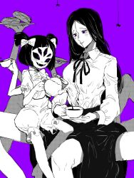 3girls arthropod_girl black_hair black_sclera black_skirt bow breasts bug chainsaw_man colored_sclera cup extra_arms extra_eyes extra_legs fangs greyscale_with_colored_background hair_bow highres insect_girl long_hair looking_at_another medium_breasts monochrome muffet multiple_girls multiple_legs open_mouth princi_(chainsaw_man) puffy_sleeves purple_theme short_hair short_twintails silk simple_background skirt smile spider spider_girl teacup teapot tsujii_luki twintails undertale