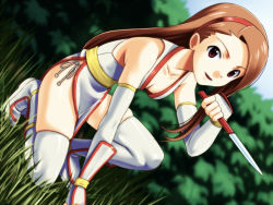 1girl :d alternate_costume arm_guards arm_support bare_shoulders blurry breasts brown_hair cleavage collarbone cosplay day dead_or_alive depth_of_field dutch_angle elbow_gloves female_focus field fighting_stance fingerless_gloves from_side full_body gloves grass hairband holding holding_weapon idolmaster idolmaster_(classic) japanese_clothes kasumi kasumi_(cosplay) kasumi_(doa) kasumi_(doa)_(cosplay) kimono kneeling knife long_hair looking_at_viewer minase_iori muhi11234 ninja on_one_knee open_mouth outdoors panties pelvic_curtain red_eyes sash shin_guards side-tie_panties side_slit skindentation sky small_breasts smile solo swept_bangs tecmo thighhighs tree underwear very_long_hair weapon white_gloves white_thighhighs