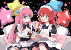 2girls absurdres alternate_costume apron asymmetrical_bangs balloon blue_eyes blush bocchi_the_rock! bow breasts cake chocolate_cake cleavage commentary_request couch cube_hair_ornament cushion dress electric_guitar feeding food fork frilled_dress frills gibson_les_paul gloom_(expression) gotoh_hitori guitar hair_between_eyes hair_ornament hara_yui highres holding holding_fork incoming_food instrument kita_ikuyo large_breasts long_hair looking_at_another maid maid_apron maid_headdress medium_hair multiple_girls musical_note official_art open_mouth out_of_frame pink_hair plate ponytail red_hair shared_food side_ponytail sitting small_breasts star_balloon wrist_cuffs yellow_eyes yuri