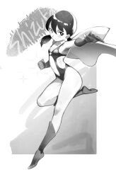 1girl absurdres bare_hips bare_shoulders boots breasts cape character_name closed_mouth clothing_cutout collarbone doraemon female_focus foot_up from_side full_body gloves greyscale hand_up highres kahnapuf leotard loli looking_at_viewer looking_to_the_side low_twintails medium_hair minamoto_shizuka monochrome navel navel_cutout nervous outstretched_arm short_twintails simple_background small_breasts solo standing standing_on_one_leg twintails