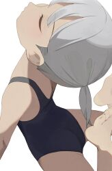 1girl barefoot black_one-piece_swimsuit closed_eyes closed_mouth grey_hair highres hiroki_(yyqw7151) one-piece_swimsuit original ponytail short_hair short_ponytail simple_background solo swimsuit white_background