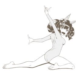 Rule 34 | 1girl, animal ears, barefoot, commentary request, ear covers, full body, greyscale, highres, horse ears, horse girl, kageng, leotard, long sleeves, monochrome, nice nature (umamusume), no tail, open mouth, simple background, smile, soles, solo, twintails, umamusume, white background