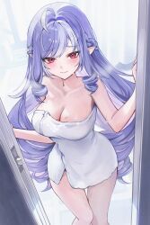1girl absurdres after_bathing ahoge blush braid breasts closed_mouth collarbone commentary cowboy_shot doorway highres indoors large_breasts long_hair looking_at_viewer multicolored_hair naked_towel pointy_ears pov_doorway purple_hair red_eyes sidelocks smile solo streaked_hair symbol-only_commentary towel very_long_hair vivian_(zenless_zone_zero) wet zenless_zone_zero zije