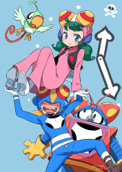 1boy 1girl absurdres antennae arms_up arrow_(symbol) artist_name balancing bird black_boots black_eyes black_vest blue_background blue_bodysuit blue_eyes blush bodysuit boots breasts carrying carrying_person chorobou clock clock_hands closed_mouth commentary cropped_vest dated flying gloves green_hair heart heart_print helmet highres isedaichi_ken junko_(time_bokan) long_hair looking_at_another open_clothes open_mouth open_vest perasuke pink_bodysuit print_vest robot skull_and_crossbones small_breasts smile standing standing_on_one_leg tanpei_(time_bokan) teeth time_bokan time_bokan_(series) twintails twitter_username vest wavy_hair white_boots white_gloves