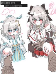 1other 2girls bat_hair_ornament blue_eyes blush breasts captain_(honkai_impact) chinese_clothes closed_mouth commentary_request detached_sleeves disembodied_hand dual_persona eria0909 glaring grey_hair hair_between_eyes hair_ornament hair_stick highres holding_hands honkai_(series) honkai_impact_3rd korean_commentary korean_text large_breasts long_hair looking_at_another love_triangle multiple_girls pov pov_hands puff_of_air red_eyes simple_background sketch squiggle theresa_apocalypse theresa_apocalypse_(luna_kindred) theresa_apocalypse_(lunar_vow:_crimson_love) translation_request v-shaped_eyebrows white_background zhuge_kongming_(honkai_impact)