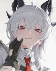 1boy 1girl black_choker black_gloves black_horns cheek_pull choker collared_shirt commentary curled_horns ddcc0123 gloves hair_between_eyes highres horns long_hair looking_at_viewer male_rover_(wuthering_waves) mole mole_under_eye multicolored_hair necktie parted_lips portrait pov pov_hands red_eyes red_necktie rover_(wuthering_waves) shirt streaked_hair white_hair white_shirt wuthering_waves zani_(wuthering_waves)