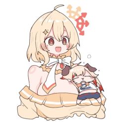 2girls ahoge animal_ears blonde_hair bow bowtie breasts brown_eyes closed_eyes collar detached_collar dog_ears dog_girl dress frilled_collar frilled_dress frills halo hinata_mashu large_breasts mini_person minigirl miso_love_ini multiple_girls nanashi_inc. off-shoulder_dress off_shoulder open_mouth orange_halo person_between_breasts seshima_rui short_hair simple_background smile upper_body virtual_youtuber white_background white_bow white_bowtie yellow_collar yellow_dress