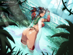 1girl alma_(monster_hunter_wilds) arms_up ass breasts brown_eyes brown_hair elbow_gloves from_behind glasses gloves highres jewelry lake long_hair looking_back medium_breasts monster_hunter_(series) monster_hunter_wilds outdoors red-framed_eyewear revealing_clothes shiny_skin solo standing uth_duna_(armor) water wet yamanata