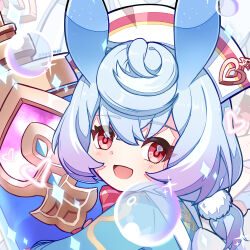 1girl antennae aqua_hair blush bubble genshin_impact hair_between_eyes hat heart highres holding holding_syringe large_syringe long_sleeves looking_at_viewer melusine_(genshin_impact) nurse nurse_cap open_mouth oversized_object pink_eyes short_hair sigewinne_(genshin_impact) smile solo syringe toumei_4869 twintails
