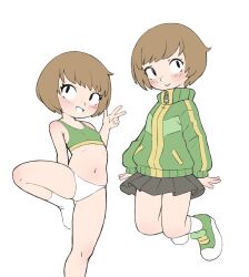 Rule 34 | 1girl, atlus, black skirt, blush, bra, breasts, brown hair, closed mouth, female focus, foot out of frame, full body, green bra, green jacket, green shoes, green sports bra, highres, jacket, leg up, long sleeves, looking at viewer, miniskirt, multiple views, navel, open mouth, panties, persona, persona 4, qtkat, satonaka chie, shoes, short hair, simple background, skirt, small breasts, smile, socks, sports bra, standing, standing on one leg, thighs, underwear, underwear only, v, white background, white panties, white socks, zipper pull tab
