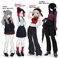 Rule 34 | 4girls, :3, absurdres, ascot, bat wings, beanie, belt, black footwear, black hair, black pants, black sweater, blonde hair, blush, colored skin, denim, eleanor (justadrian), english text, fang, grey hair, hair over eyes, hat, highres, holding, holding umbrella, jeans, justadrian (yoadriandk), licorice (justadrian), long hair, mavie (justadrian), midriff, multicolored hair, multiple girls, original, pants, pleated skirt, pointy ears, purple sweater, red hair, red shirt, red socks, scarlett (justadrian), shirt, shoes, short hair, skirt, sneakers, socks, suspenders, sweater, two-tone hair, umbrella, vampire, very long hair, white shirt, wings