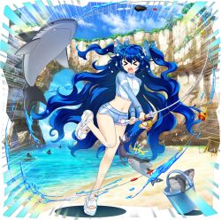 Rule 34 | &gt; &lt;, 1girl, absurdly long hair, alternate costume, alternate hairstyle, bandaid, bandaid on leg, beach, blue bow, blue hair, blue shorts, bow, bucket, closed eyes, facing viewer, fishing, fishing rod, full body, game cg, hair bow, highres, holding, holding fishing rod, leg up, long hair, long sleeves, midriff, navel, ocean, official art, open mouth, outdoors, rotte (1109), sand, sandals, shark, shorts, simple background, solo, standing, standing on one leg, tears, tent, thighs, third-party source, toes, touhou, touhou lostword, transparent background, very long hair, water, wavy hair, white sandals, yorigami shion, yorigami shion (somewhat successful big sister)