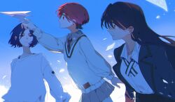 1boy 2girls absurdres amate_yuzuriha black_hair blue_hair blue_sky collared_shirt falling_paper falling_petals gundam gundam_gquuuuuux highres jacket long_hair long_sleeves multicolored_hair multiple_girls necktie nyaan_(gundam_gquuuuuux) outdoors paper_airplane petals profile red_eyes red_hair school_uniform shirosaki20 shirt short_hair shuji_ito skirt sky smile sweater two-tone_hair yellow_eyes