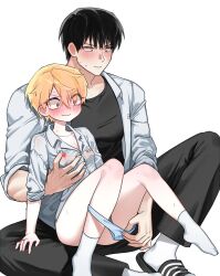 10009_xp 2boys androgynous bishounen black_eyes black_hair blonde_hair blush breasts character_name collared_shirt commission eyebrows_hidden_by_hair eyeliner flip-flops grabbing_another&#039;s_breast groping hair_between_eyes heart height_difference high_school_boy highres hong_iltak korean_text lee_hyunwoo makeup male_focus male_with_breasts multiple_boys panties panty_pull red_eyeliner red_eyes sandals school_uniform shirt simple_background sitting sitting_on_lap sitting_on_person small_breasts socks striped_clothes striped_panties sweat trap underwear wavy_mouth white_background white_shirt white_socks yaoi