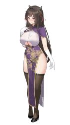1girl alternate_costume animal_ears azur_lane batsu black_shoes blush breasts brown_hair brown_thighhighs china_dress chinese_clothes clothing_cutout cow_ears cow_girl cow_horns dress elbow_gloves framed_breasts full_body gloves gold_trim hand_on_own_chest high_heels horns huge_breasts kashino_(azur_lane) long_hair looking_at_viewer pelvic_curtain purple_dress purple_eyes shoes short_sleeves simple_background skindentation solo standing stiletto_heels thighhighs underboob underboob_cutout very_long_hair white_background white_gloves