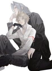 2boys alternate_costume arm_ribbon black_gloves black_pants black_shirt blonde_hair blue_eyes chunbuchou cloud_strife collared_shirt elbow_rest final_fantasy final_fantasy_vii final_fantasy_vii_advent_children gloves green_eyes grey_hair hand_on_own_chin hand_on_own_leg hand_up hashtag-only_commentary high_collar highres jacket knee_up leaning_on_person long_hair long_sleeves looking_to_the_side male_focus multiple_boys on_one_knee pants partially_unzipped red_ribbon ribbon sephiroth shirt short_hair simple_background sitting smile spiked_hair white_background white_jacket