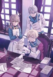 1girl 2boys ahoge black_cat blonde_hair blue_eyes blue_shirt brown_hair cape cat cover_image cyril_ashley desk felix_arc_ridill fujimi_nanna gloves green_eyes grey_hair hair_ribbon highres holding holding_paper inkwell jacket looking_through_window monica_everett multiple_boys nero_(silent_witch) paper paper_stack quill ribbon shirt sidelocks silent_witch sitting white_gloves white_jacket window
