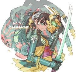 1boy 1girl black_gloves black_hair compound_eyes cyborg gloves green_eyes hachi-aug hachi_augment_01 hiromi_(shin_kamen_rider) holding holding_mask holding_sword holding_weapon honeycomb_(pattern) honeycomb_print japanese_clothes kamen_rider katana kimono looking_at_viewer man_spider mask nakayama_tooru science_fiction shin_kamen_rider simple_background sword tokusatsu translation_request twintails weapon white_background