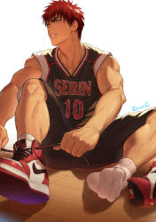 1boy bare_shoulders basketball_jersey basketball_uniform black_shorts commentary_request forked_eyebrows highres kagami_taiga knee_up kuroko_no_basuke looking_to_the_side male_focus muscular muscular_male nike_(company) parted_lips red_eyes red_hair romaji_text shoelaces shoes short_hair shorts simple_background sitting sneakers socks solo sportswear teeth tying_footwear white_background white_socks zawar379